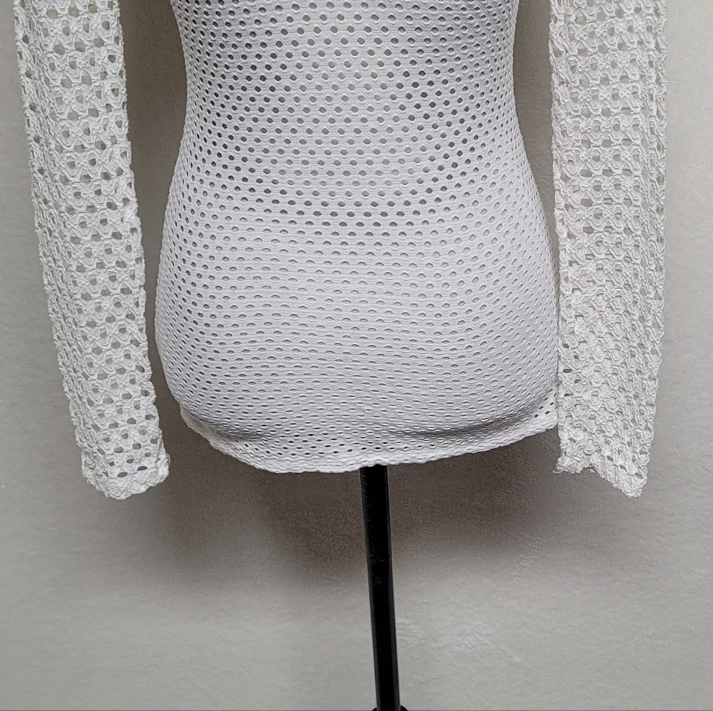BCBG Max Azria ‘Elain' Long Sleeve Stretch White Mesh Top Long Sleeve Sheer Mesh